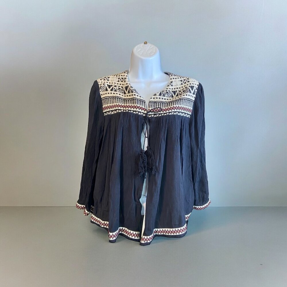 H&M Womens 12 Black Aztec Cardigan Top Open Tie Front Tassels Crepe BOHO